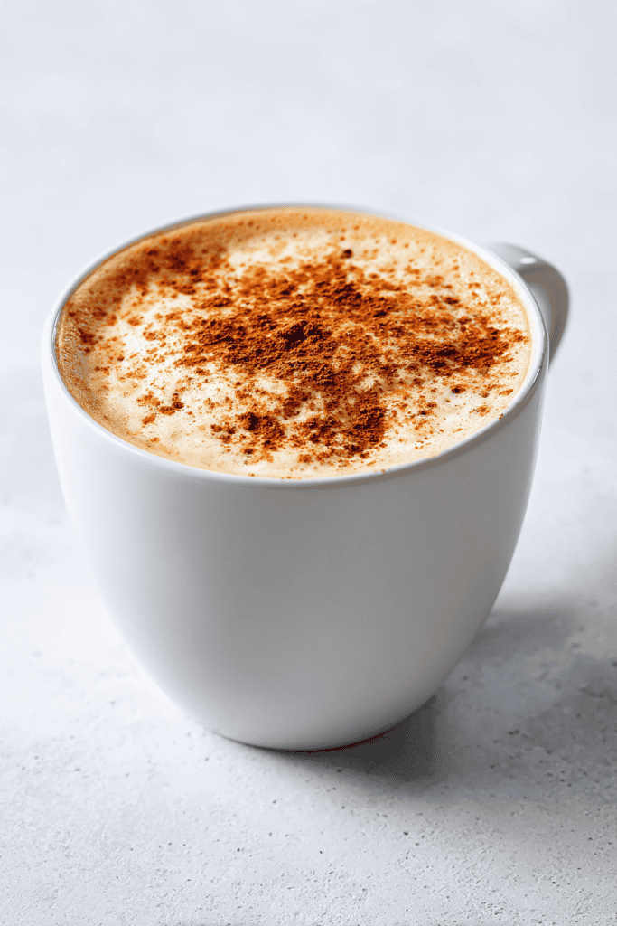 Healthy pumpkin spice latte in modern white ceramic mug, creamy surface with cinnamon and nutmeg sprinkle
