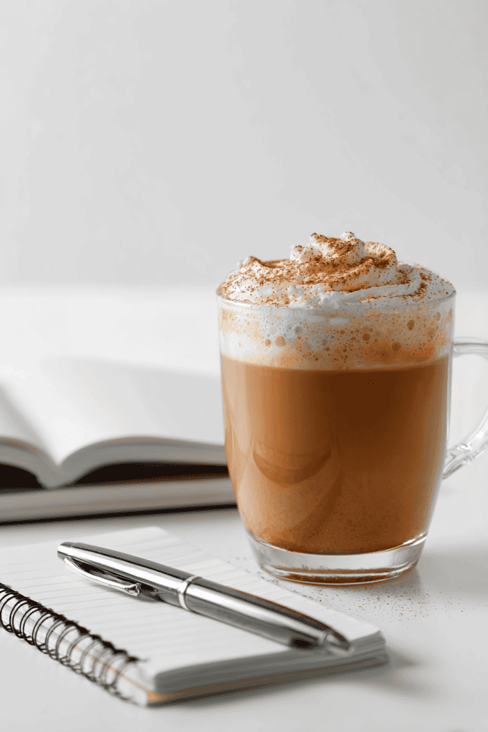 Healthy pumpkin spice latte in transparent glass mug placed beside open notebook and pen