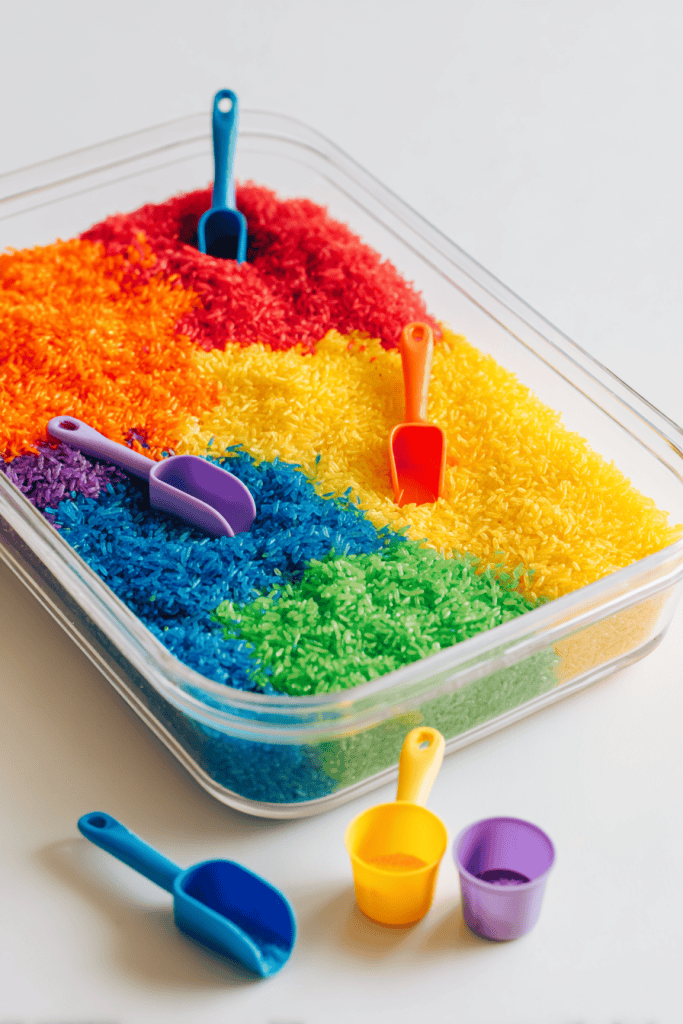DIY rainbow rice sensory bin for toddlers, shallow clear container filled with brightly colored rice (red, yellow, green, blue, purple)