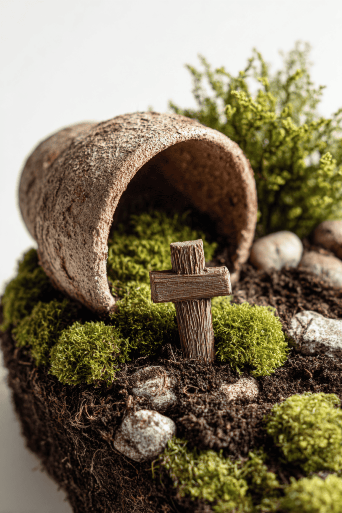 Close-up of resurrection garden craft, moss and soil around a tipped clay pot tomb