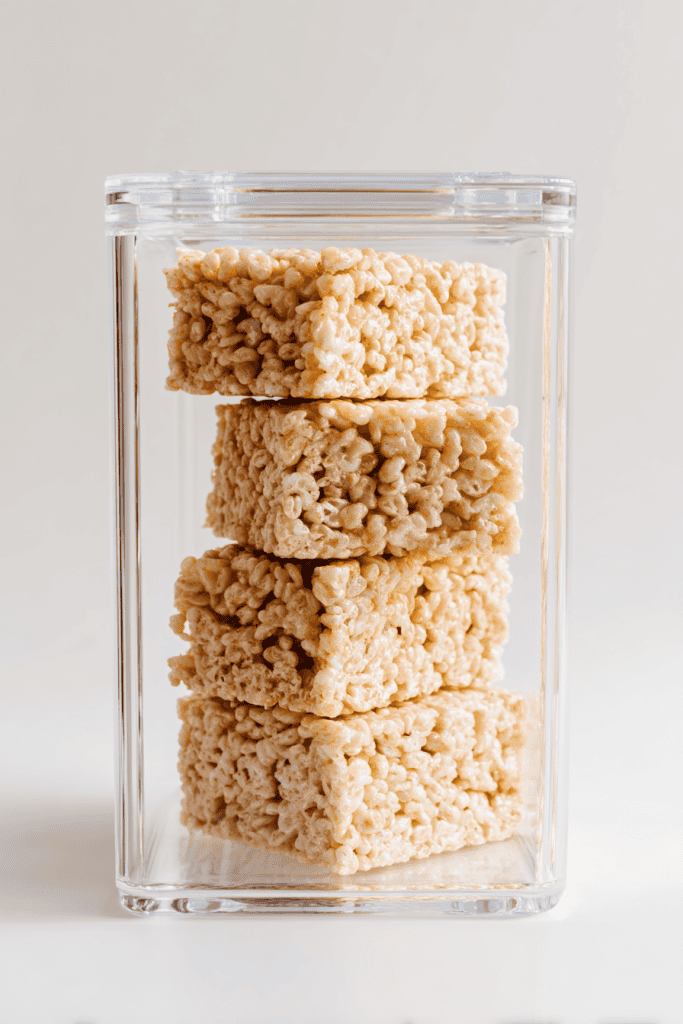 Sugar-free rice crispy treats neatly stacked inside a clear airtight container