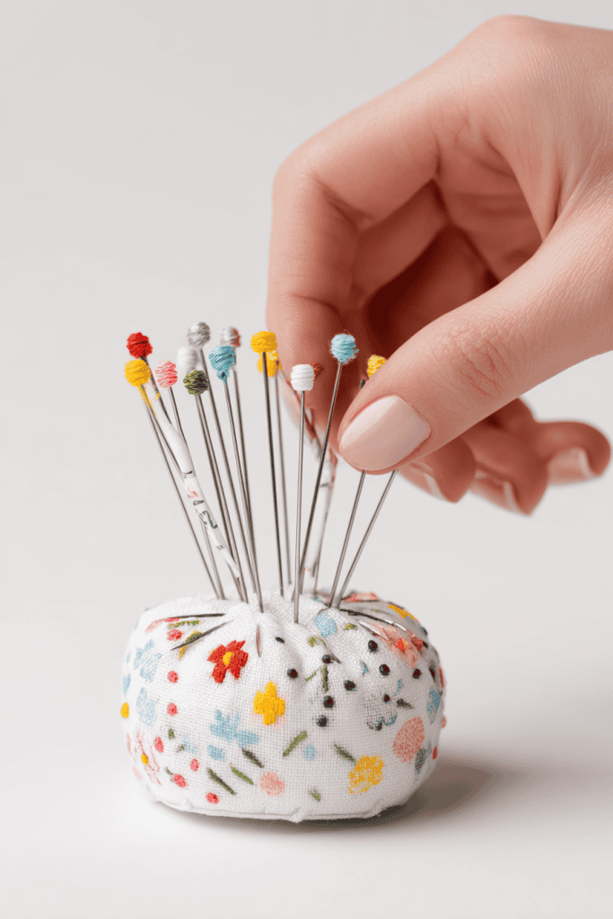 Beginner’s hands inserting labeled sewing needles into a pin cushion