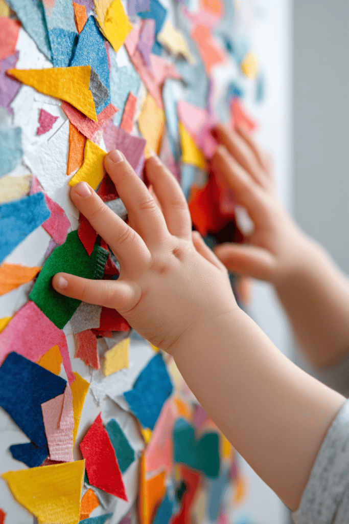 Close-up of toddler hands pressing colorful fabric scraps and paper shapes onto sticky wall collage