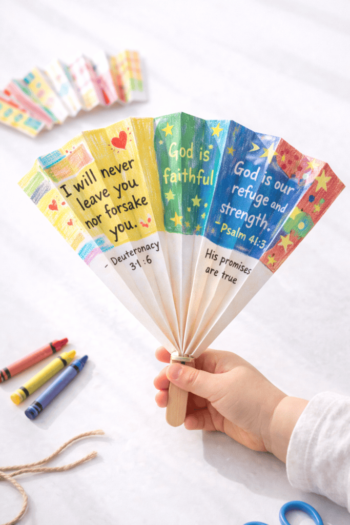 Child holding a colorful accordion-fold “Glory Fold Fan” craft decorated with crayon patterns and Bible verses