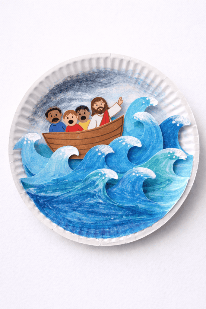 a handmade children’s “Jesus Calms the Storm” craft