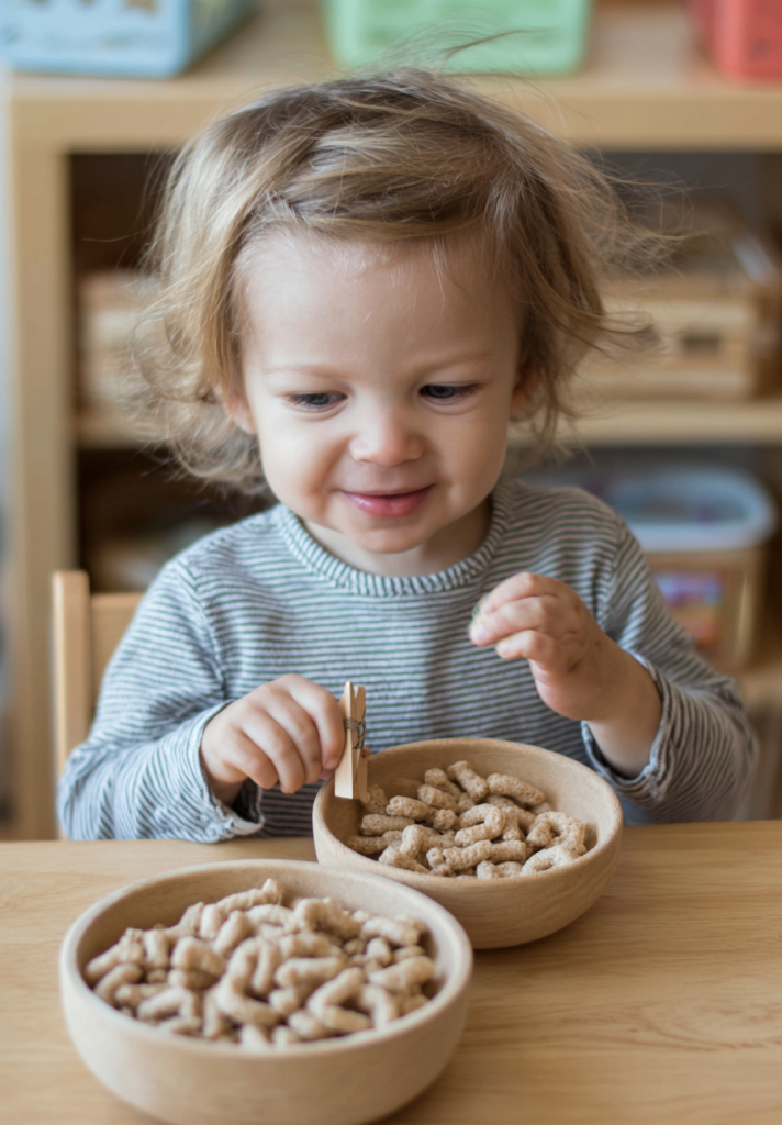 a toddler engaging in a fun, fine motor activity called "Clothespin Snack Pickup." 