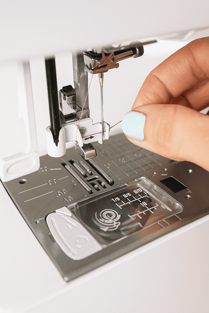 a person threading a sewing machine needle