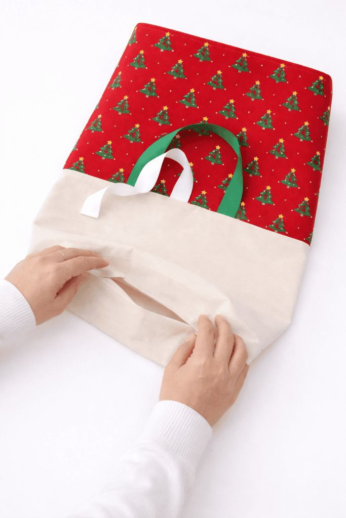 a handmade holiday tote bag being carefully turned right-side out during its sewing process.