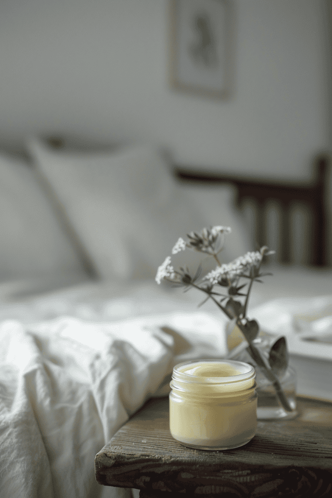minimalist bedroom vanity setting, small glass jar of creamy white tallow lip balm on light wood or white surface