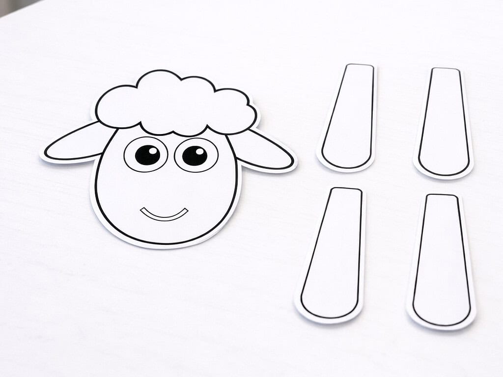 Sheep craft head with glued cartoon eyes and four leg pieces ready to assemble for a cotton ball sheep craft.