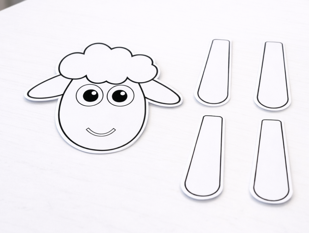 Sheep craft head with glued cartoon eyes and four leg pieces ready to assemble for a cotton ball sheep craft.