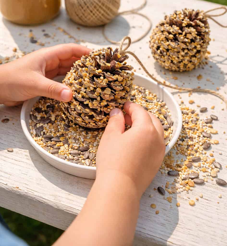 kids making pinecone bird feeders with peanut butter and birdseed outdoors