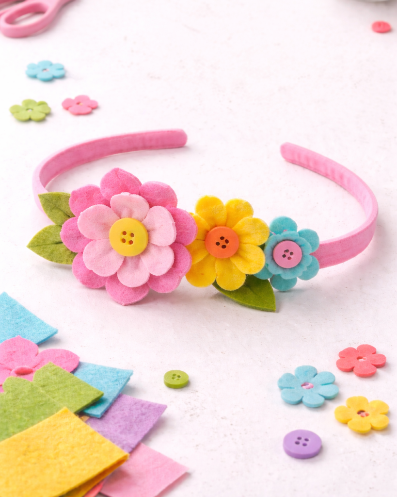 Kids’ felt flower headband with layered petals and button centers on a white background