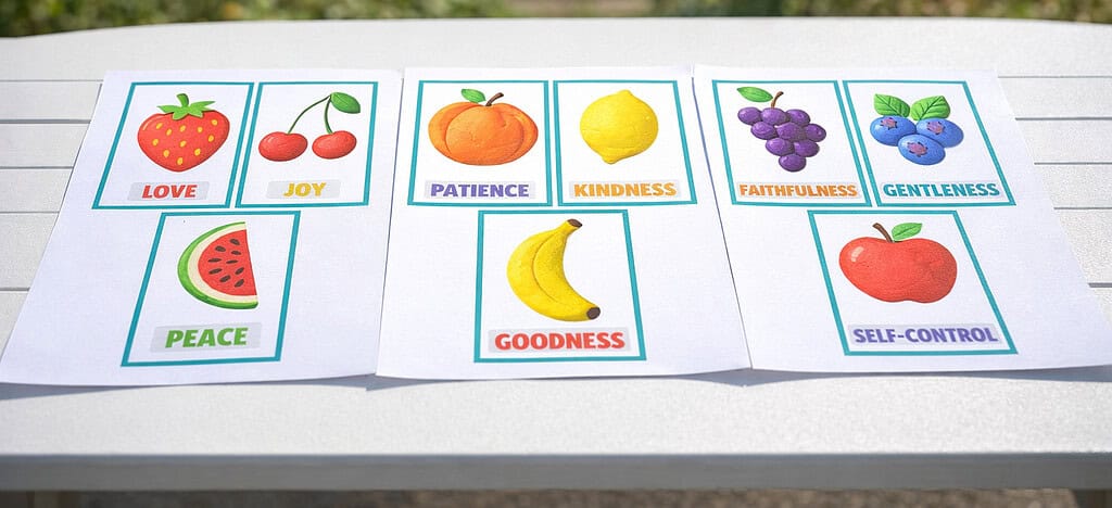 printed fruit of the spirit playdough fruit cards showing love, joy, peace, patience, kindness, goodness, faithfulness, gentleness, and self-control on a white table outdoors