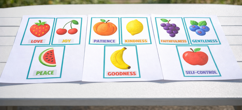 printed fruit of the spirit playdough fruit cards showing love, joy, peace, patience, kindness, goodness, faithfulness, gentleness, and self-control on a white table outdoors