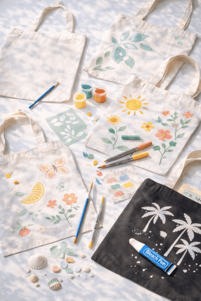Summer craft DIY painted tote bags with floral and sun designs
