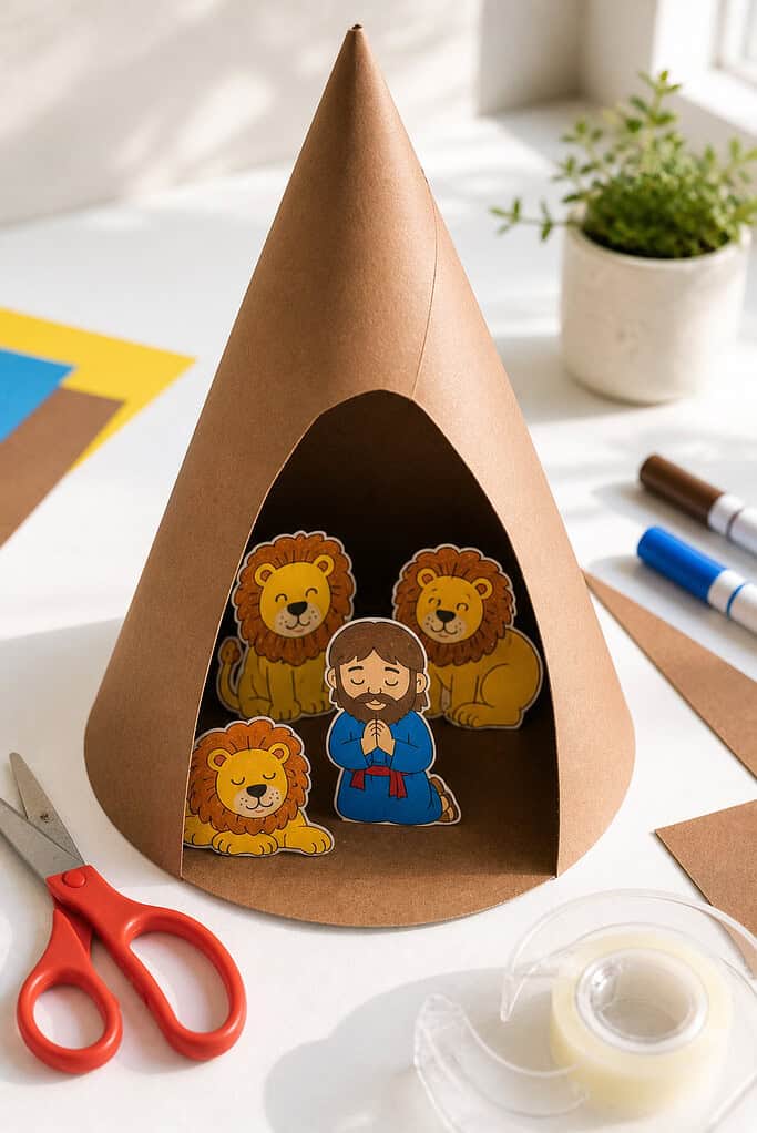 a brown construction paper cone standing upright, formed by rolling and taping the paper into a cave shape.