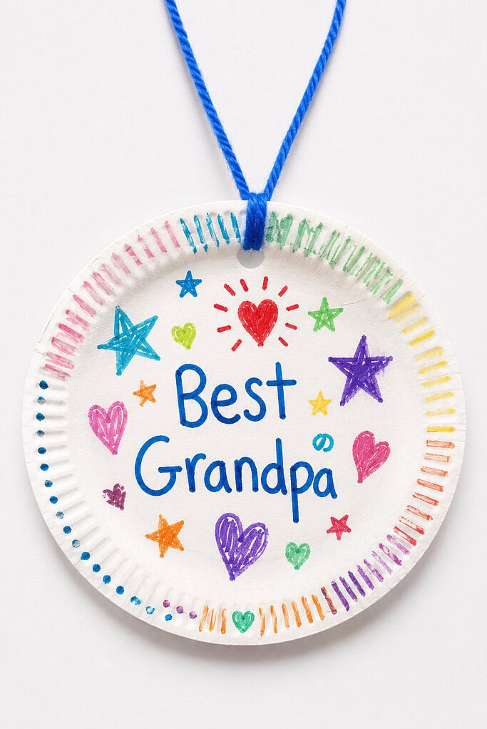 A yellow rectangular paper bookmark with a rainbow-colored yarn tassel threaded through a hole at the top, decorated with crayon-drawn hearts, stars, and a pink flower, with "I Love You Grandma & Grandpa" and "Best Grandparents Ever!" written in multicolored lettering