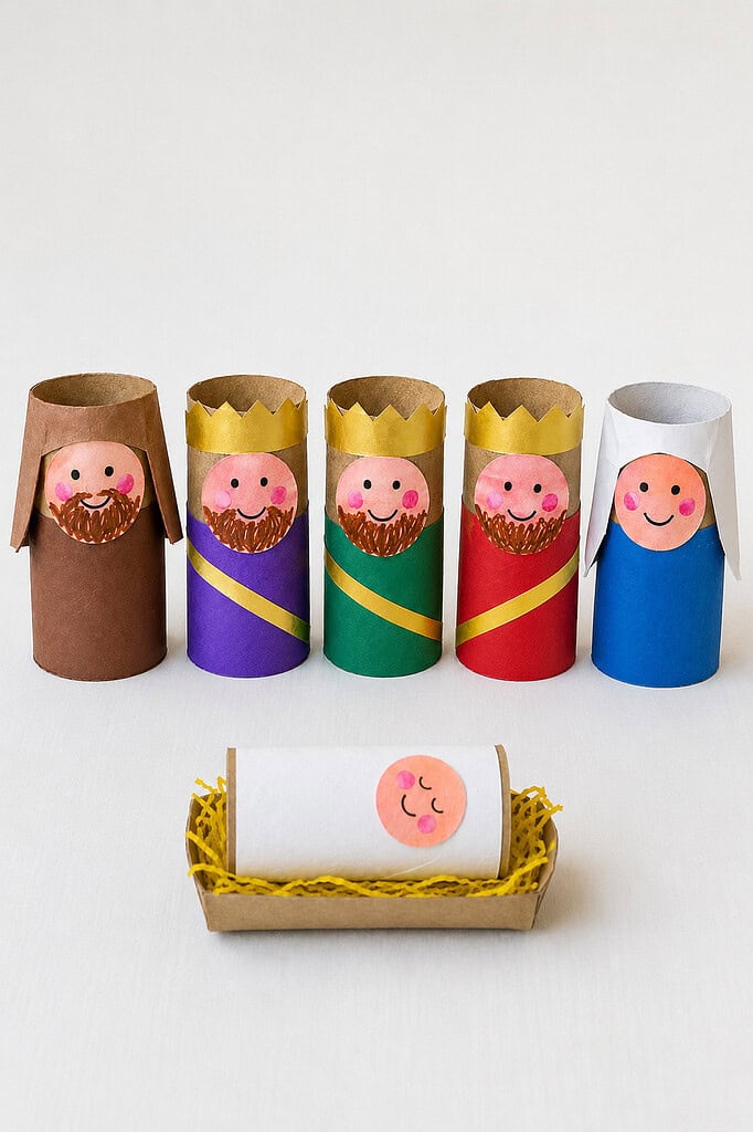 Standing cardboard tube nativity figures of Mary, Joseph, and the three kings with paper faces, gold crowns, and baby Jesus lying in a straw-filled manger.