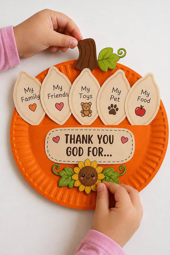A child adding the stem and sunflower to finish a paper plate pumpkin Thanksgiving Bible craft