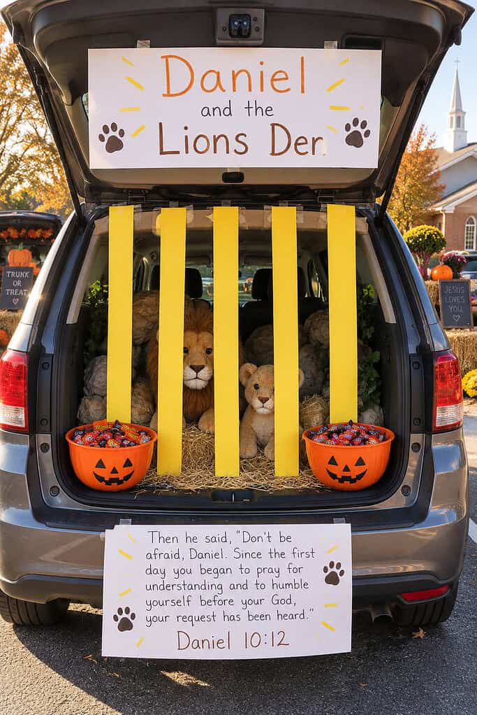 An open car trunk made into a lions den with yellow cage bars, a stuffed lion, and a Daniel sign.