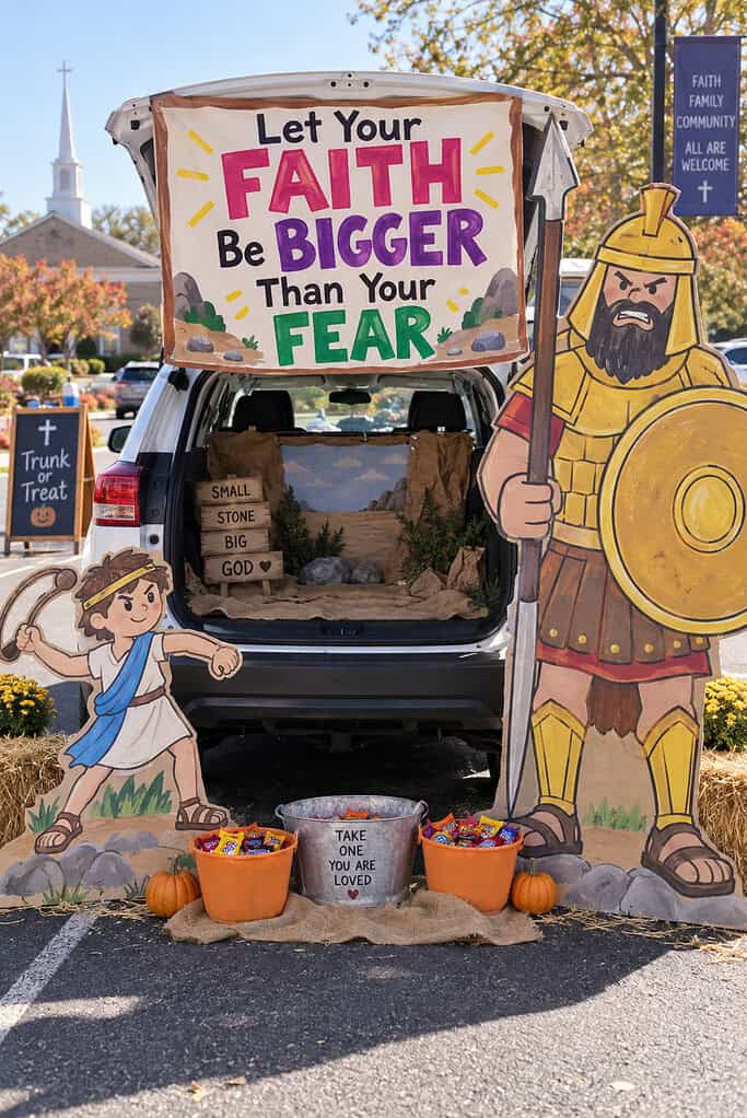 An open car trunk with a small David cutout and a tall Goliath cutout and a faith-over-fear banner.