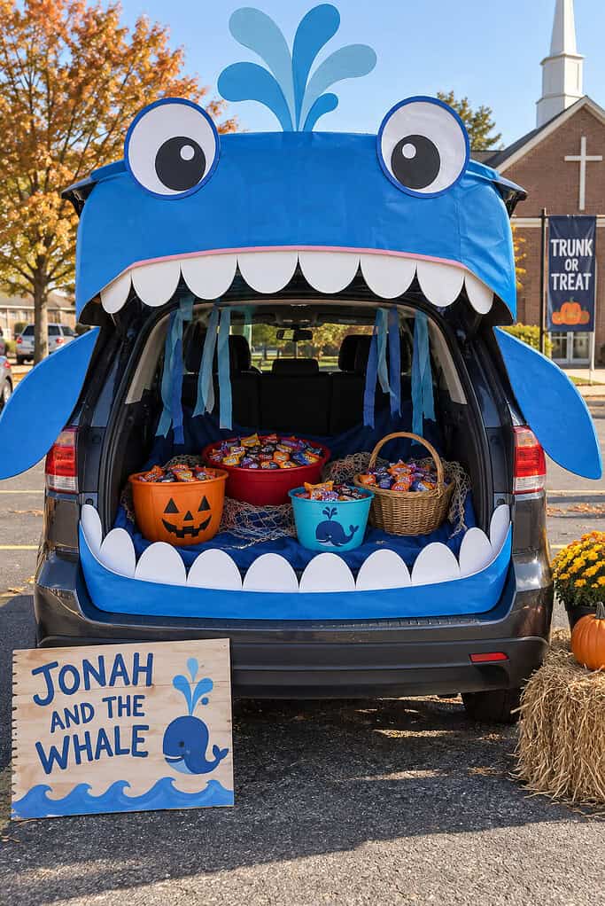 An open car trunk decorated as a big blue whale with a toothy open mouth full of candy.