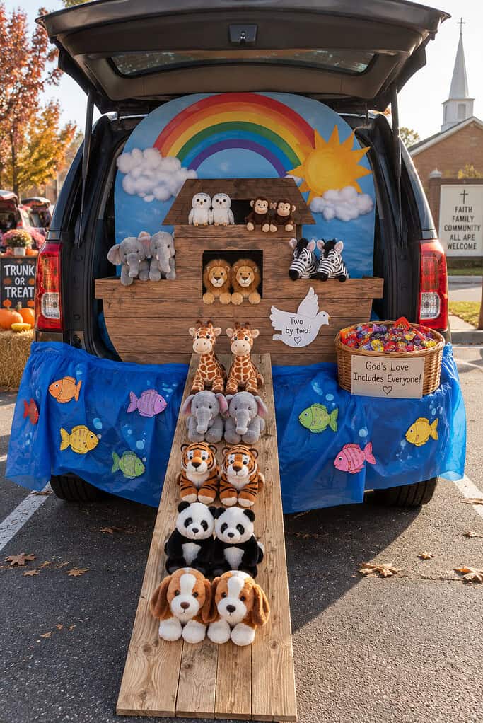 An open car trunk decorated as Noah's ark with a rainbow backdrop and pairs of stuffed animals on a ramp.