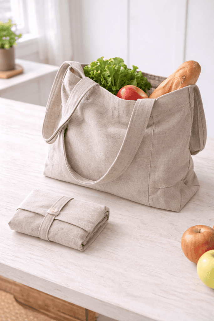 Linen tote with fresh groceries