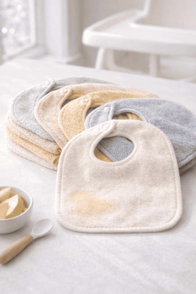 Stack of pastel organic cotton terry baby bibs in cream, sage, peach, yellow, and blue on a light surface, with one bib laid flat showing a snap closure and a faint pear stain
