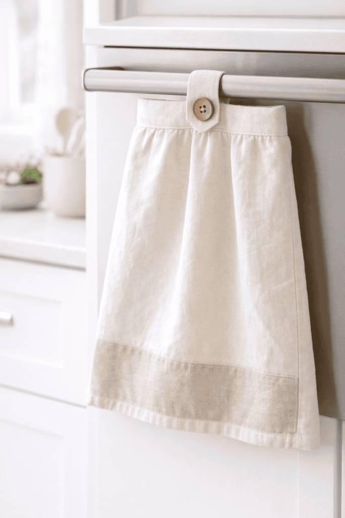 Cream kitchen towel with wooden button