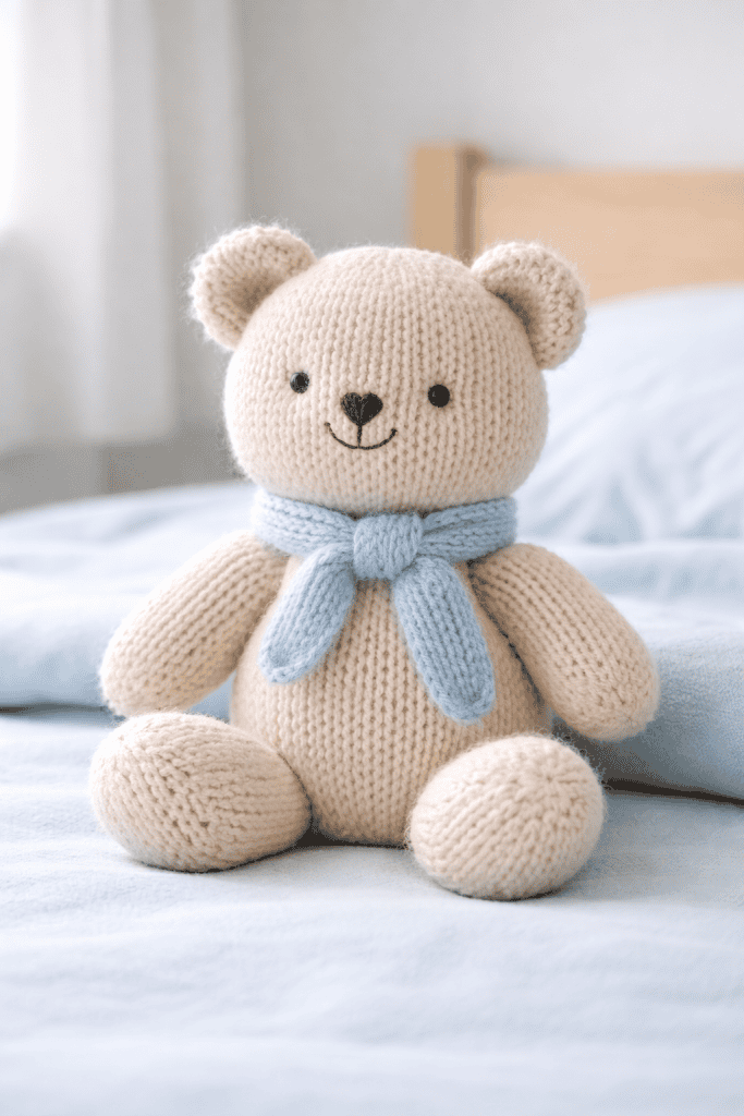 a handmade knitted stuffed animal (teddy) sitting upright on a simple bed