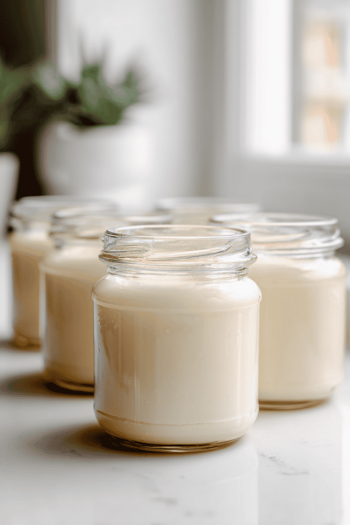several small clear glass jars filled with creamy rendered beef tallow
