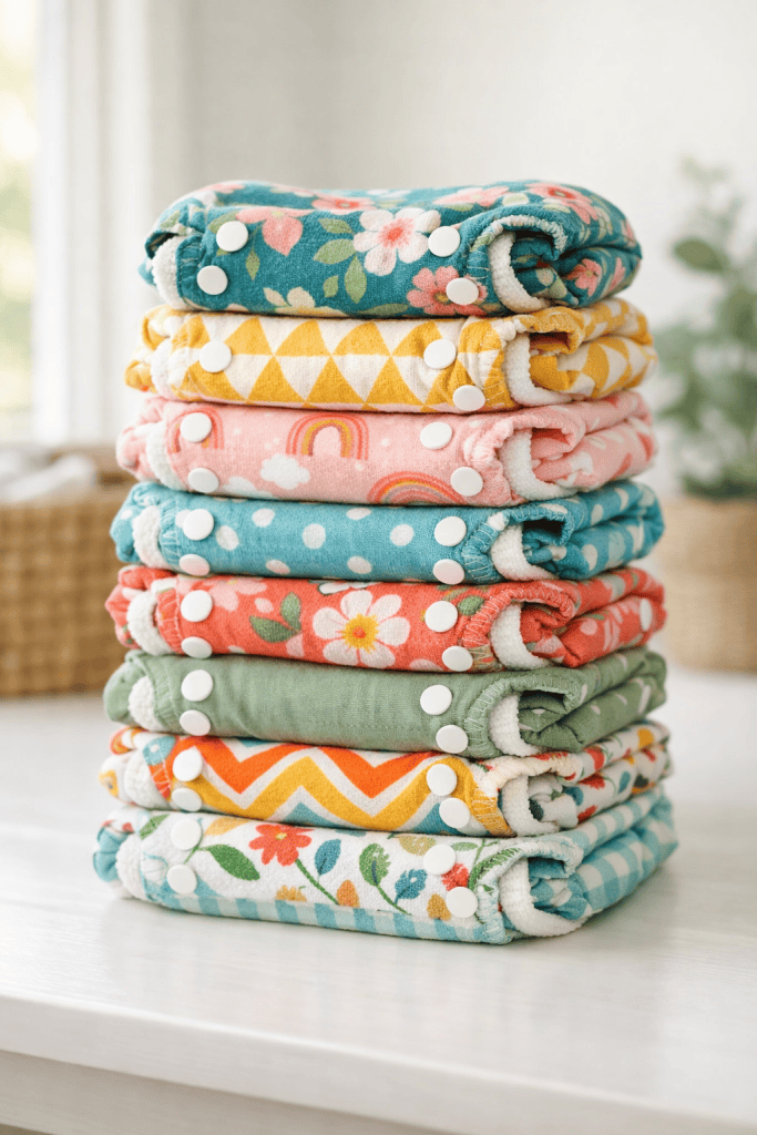 Neatly stacked pile of handmade cloth diapers in vibrant floral, geometric, and pastel prints, folded uniformly