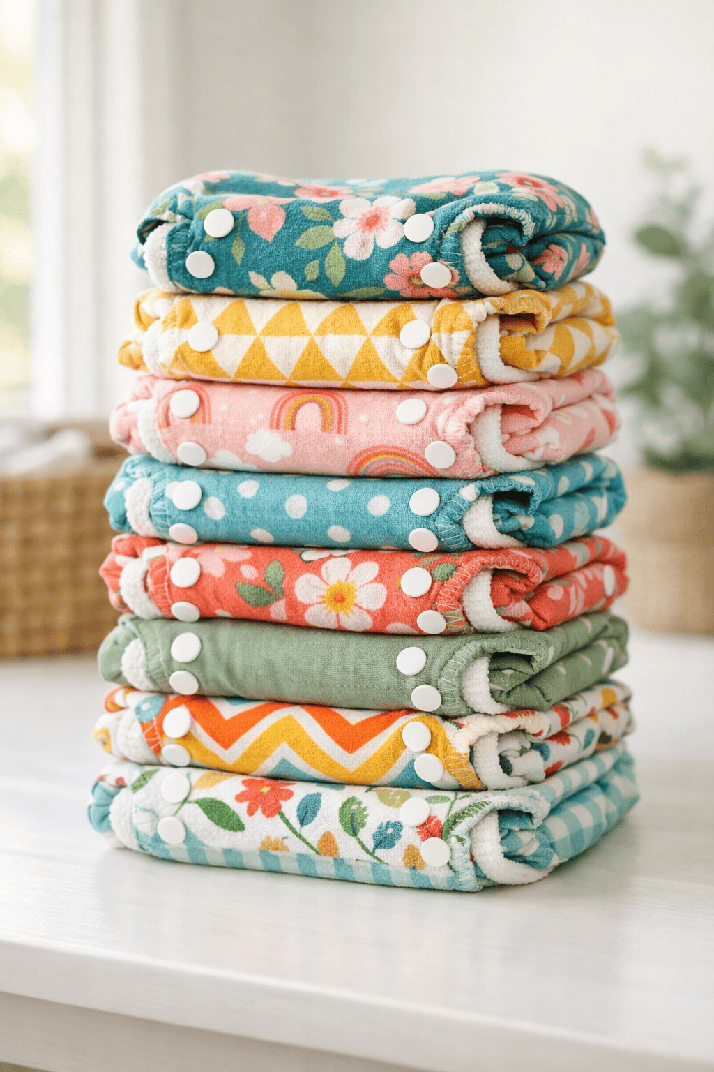 Neatly stacked pile of handmade cloth diapers in vibrant floral, geometric, and pastel prints, folded uniformly