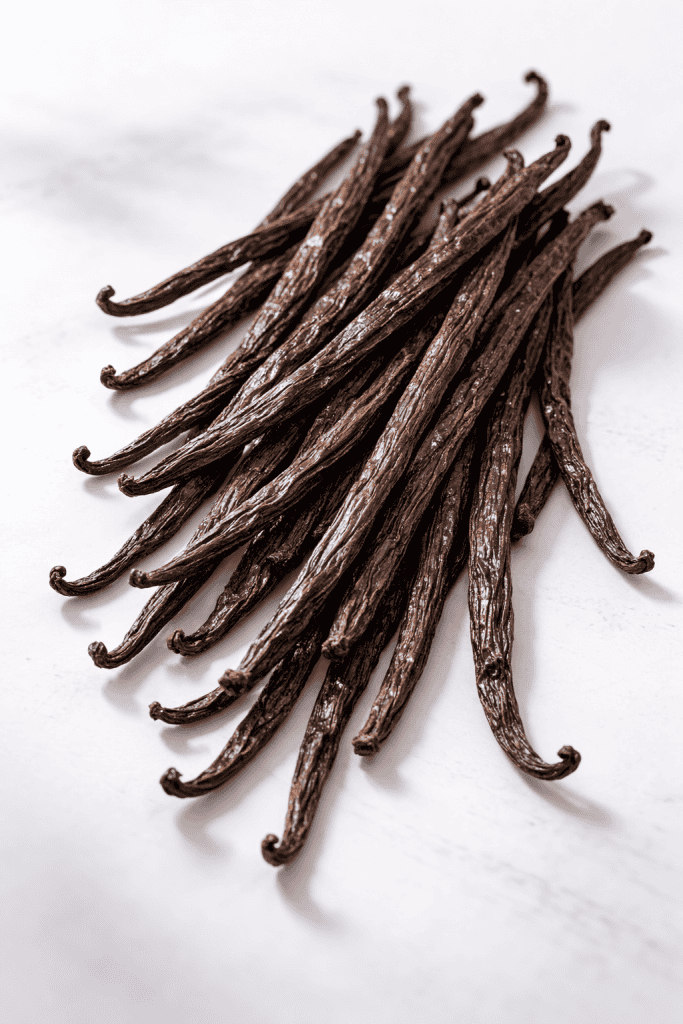 Dried vanilla beans on white surface