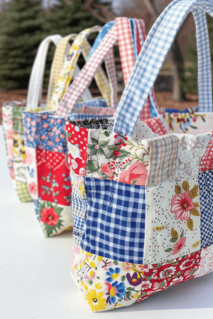handmade mini tote bags in patchwork style, sewn from colorful leftover scrap fabrics