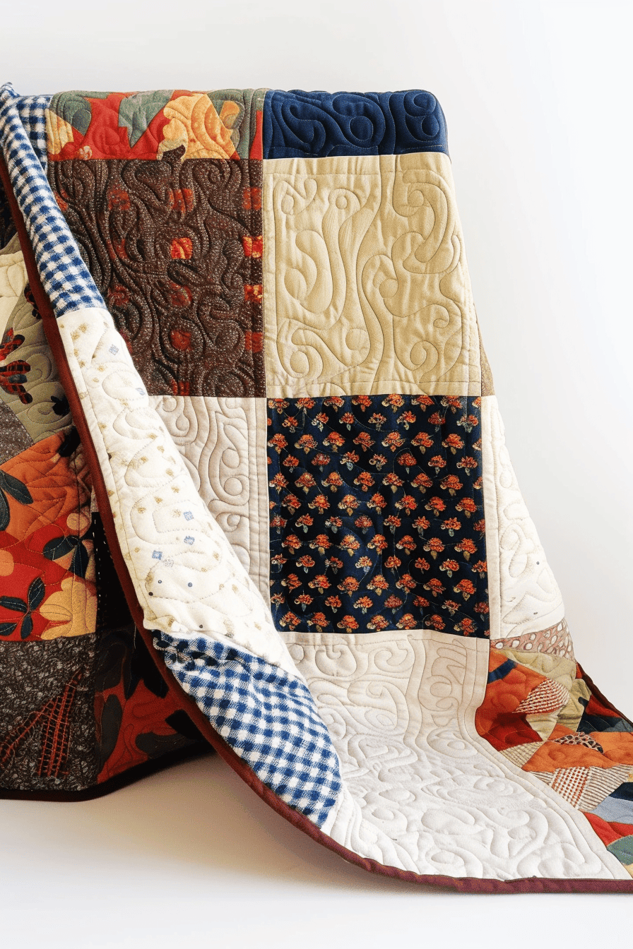 handmade patchwork lap quilt draped on white background