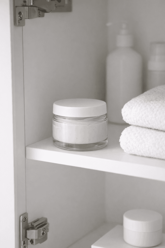 a sealed, homemade anti-aging hand cream stored inside a modern white bathroom cabinet.