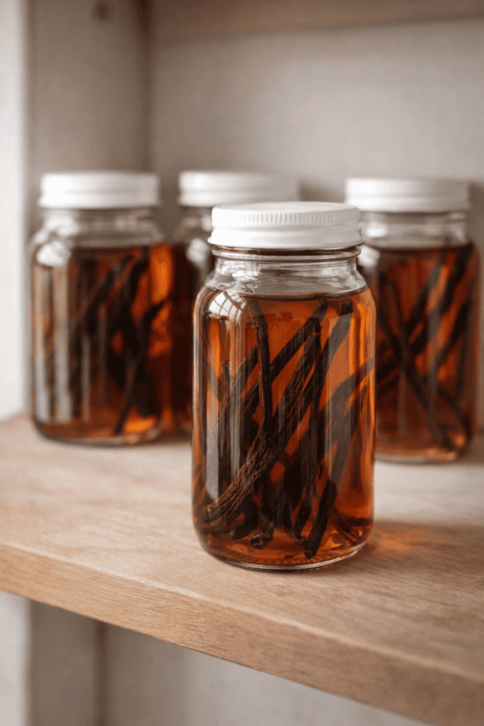 four jars of homemade vanilla extract placed naturally on the shelf