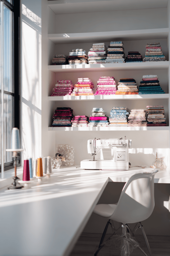 A sunlit sewing corner with a sewing machine, rolls of vibrant fabrics, airy white shelving