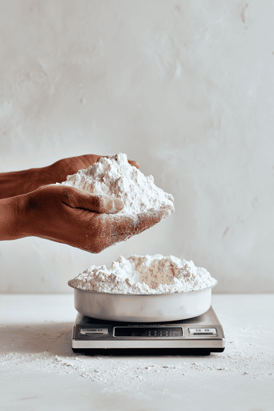 Baker’s hands measuring freshly milled flour on a digital scale beside a printed recipe