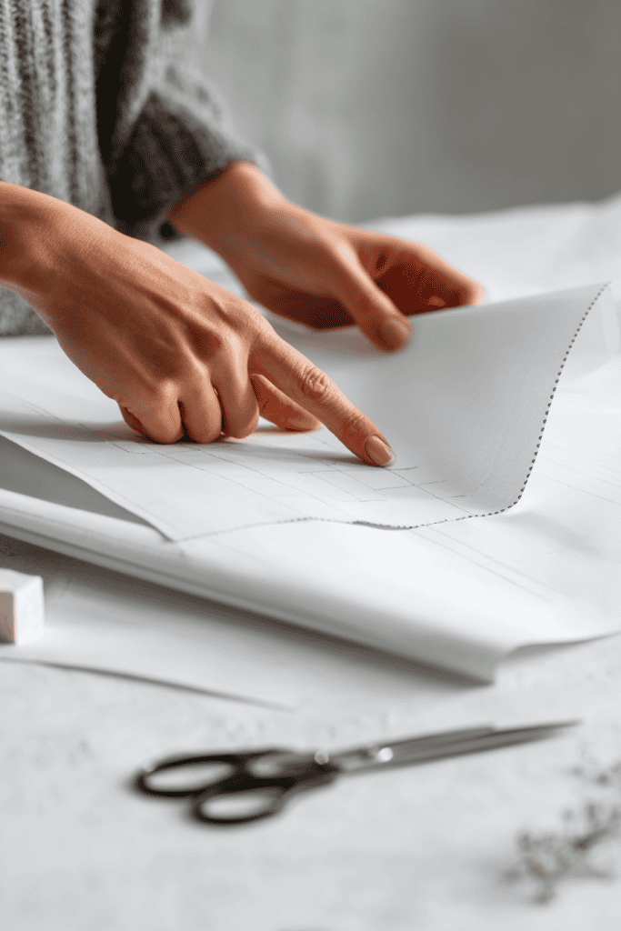 Beginner hands holding sewing pattern paper over fabric