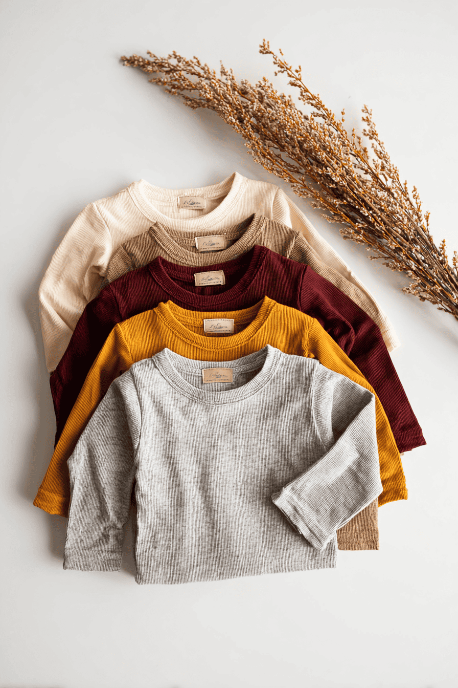 Flat lay of toddler tops for fall and winter capsule wardrobe