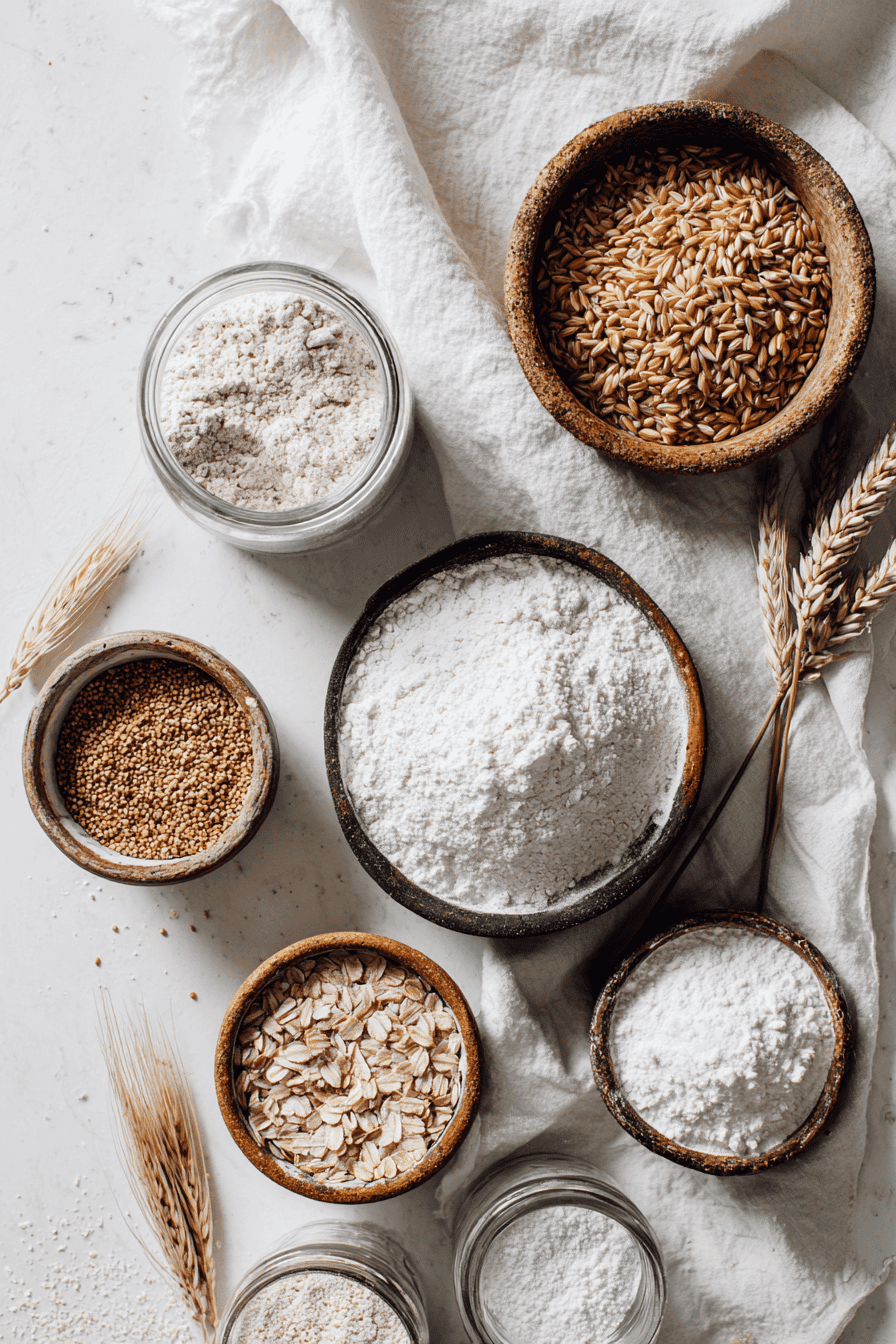 Flat lay display of freshly milled grains and flours, small bowls with wheat, rye, oats, and spelt alongside jars of flour