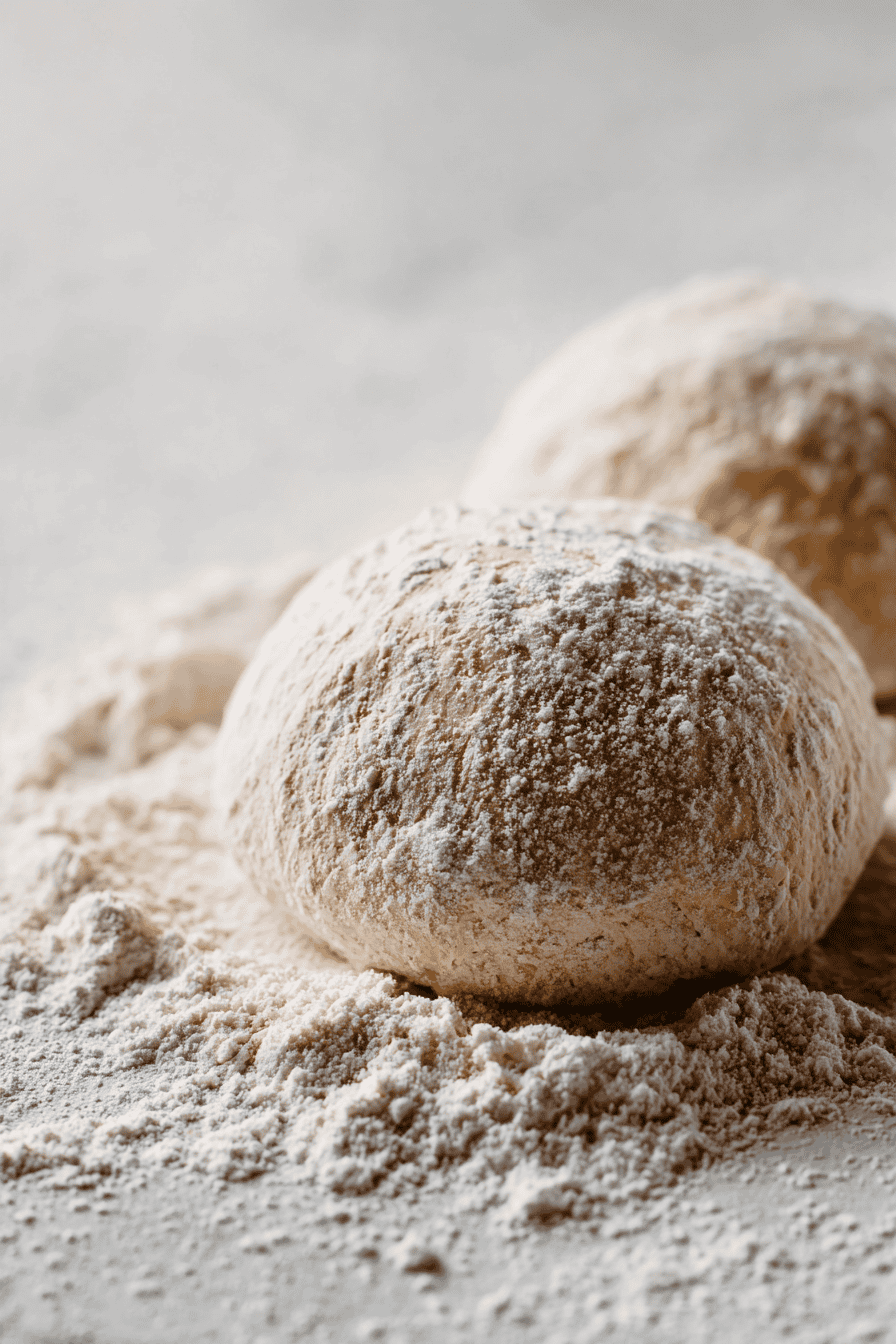 Freshly milled pizza dough ball resting on floured surface