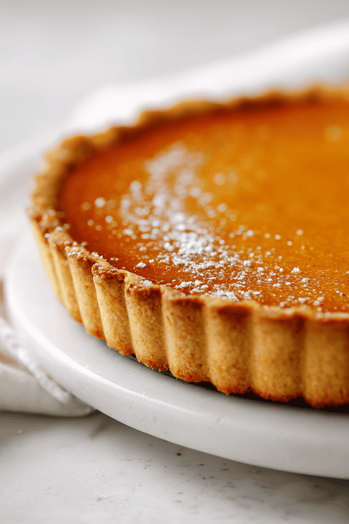 Healthy pumpkin pie with golden crust made from freshly milled flour