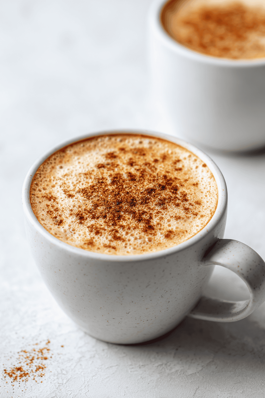 Healthy pumpkin spice latte in modern white ceramic mug, creamy surface with cinnamon and nutmeg sprinkle