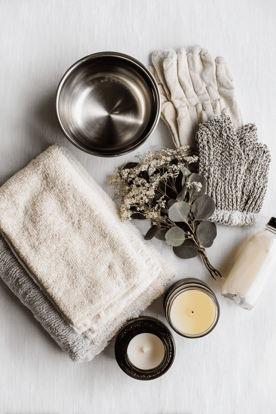 Homebirth essentials for a calm prepared birth, flat lay on clean bright white background, folded cotton towels, stainless steel bowl