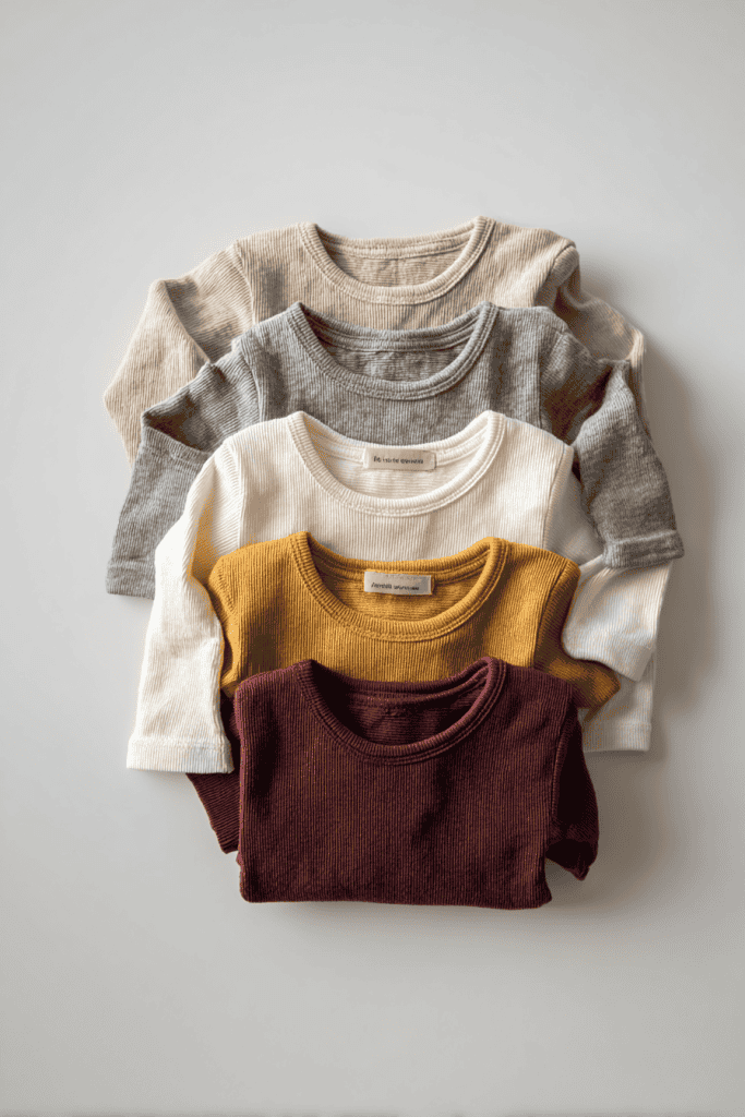 Minimalist toddler capsule wardrobe tops, flat lay of 5-6 long-sleeve shirts